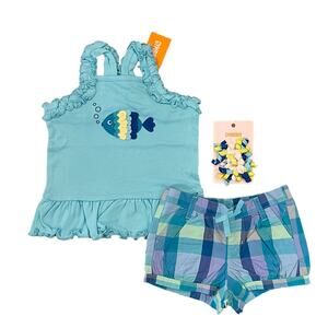 NWT Gymboree Girls Fish Peplum Tank Top, Plaid Bubble Shorts & Hair Clips